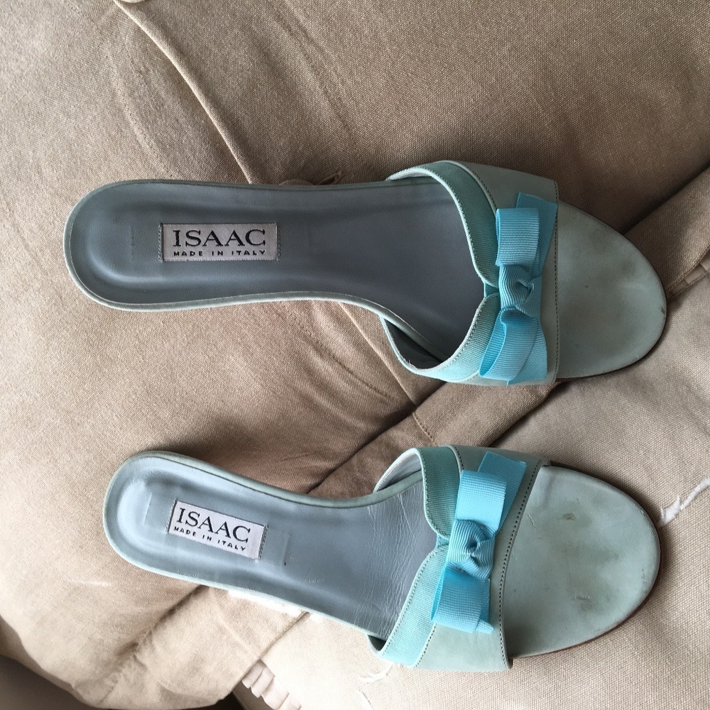 Aqua blue leather and ribbon slides